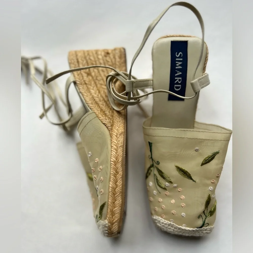 Simard embroidered Floral Ankle Tie Platform Espadrille Shoes Size 36